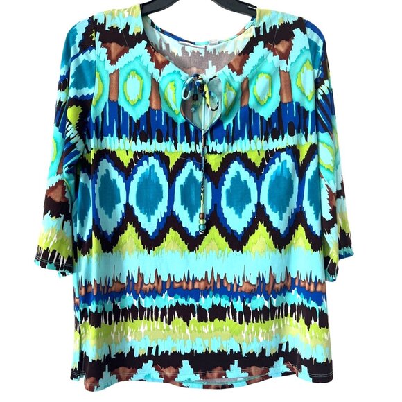 Susan Graver Women's Turquoise & Brown Abstract Print Top 3/4 Sleeve Size L Lg - Picture 1 of 5